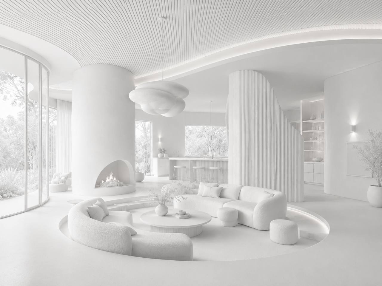 The same curved living room rendered as an all-white monochrome form study, isolating its architectural shapes