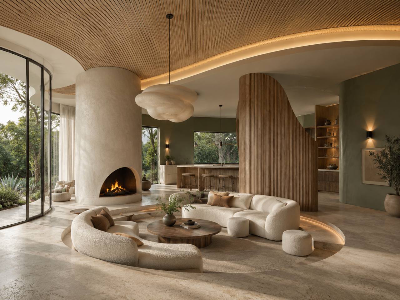 Curved living room with a wood-slat ceiling, plaster fireplace column, and a bouclé sofa layered with a rug and cushions