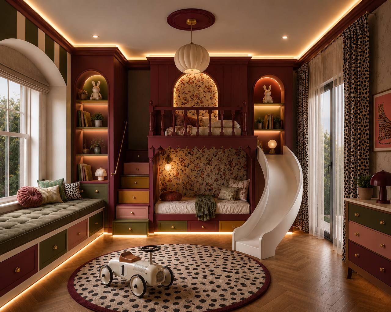 Gender-neutral kids' room in an earthy burgundy and olive-green palette with a wood loft bed, warm cove lighting, floral wallpaper, and arched niche shelves