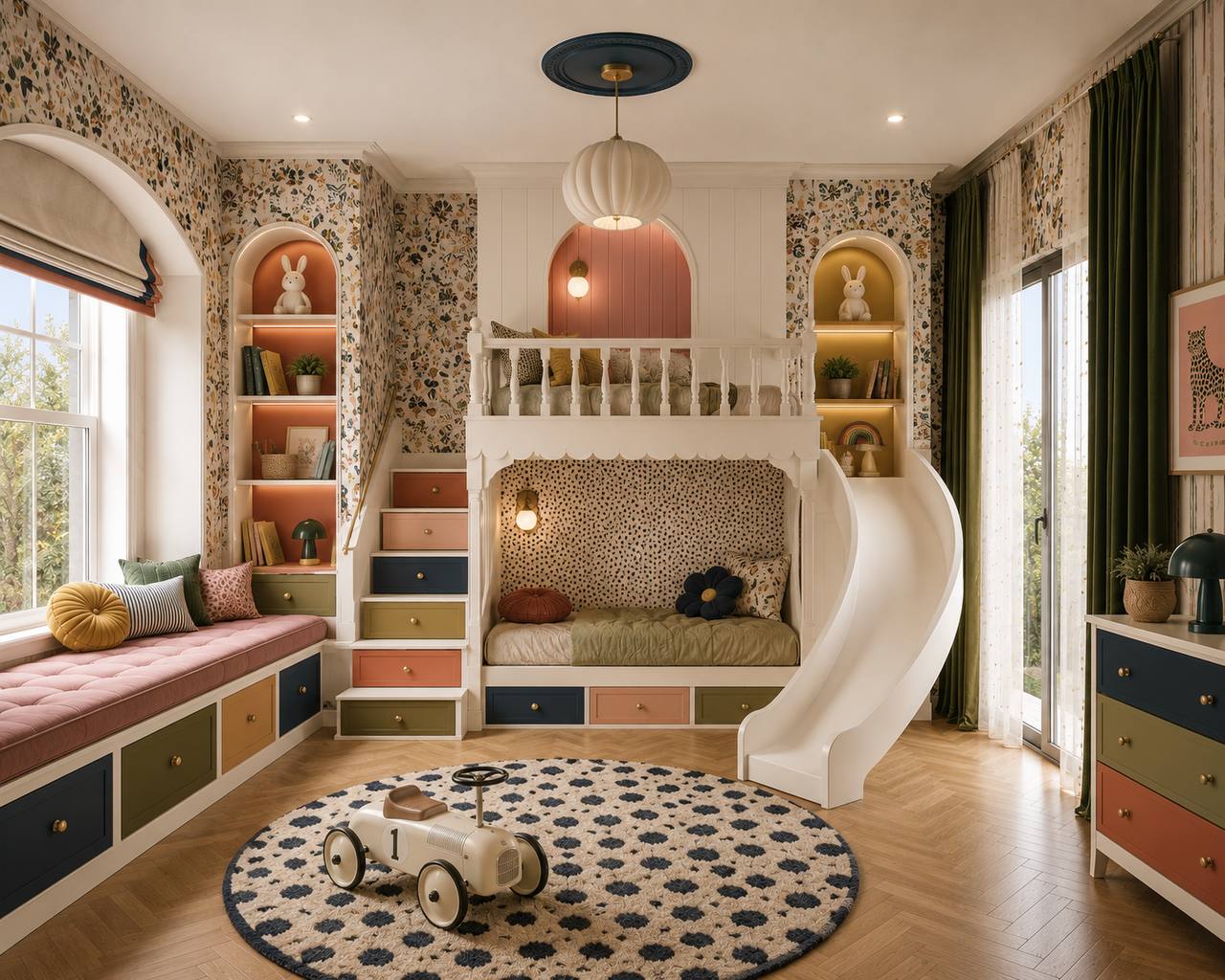 Bright gender-neutral kids' room in daylight with multicoloured storage drawers in coral, navy, olive, and mustard, a white loft bed with slide, and floral wallpaper