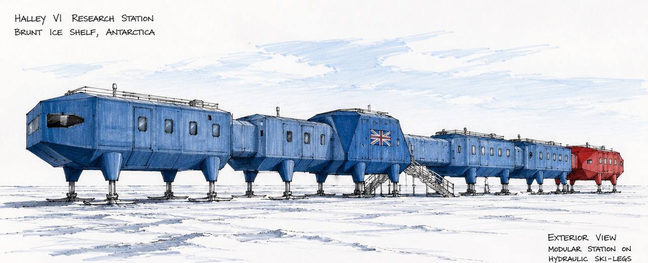 Illustration of Halley VI research station on the Brunt Ice Shelf, a line of blue modules on hydraulic ski-legs with one red module at the end