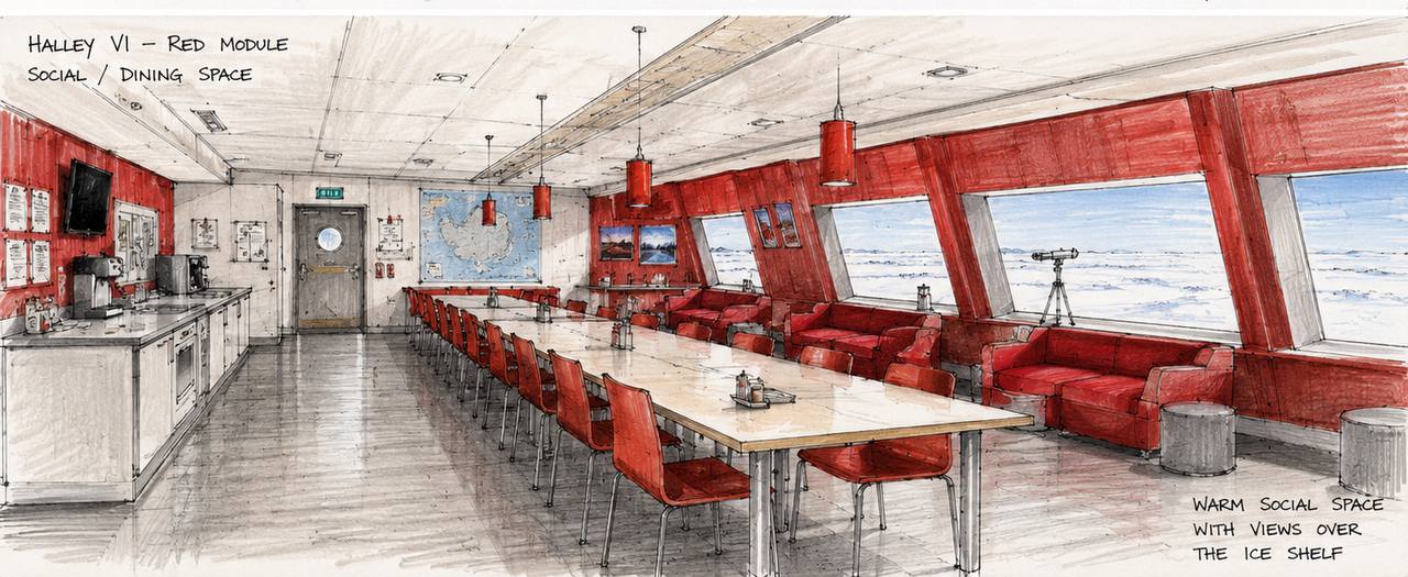 Illustration of Halley VI's red social module interior with a long dining table, red chairs and lounge seating, and windows overlooking the ice shelf