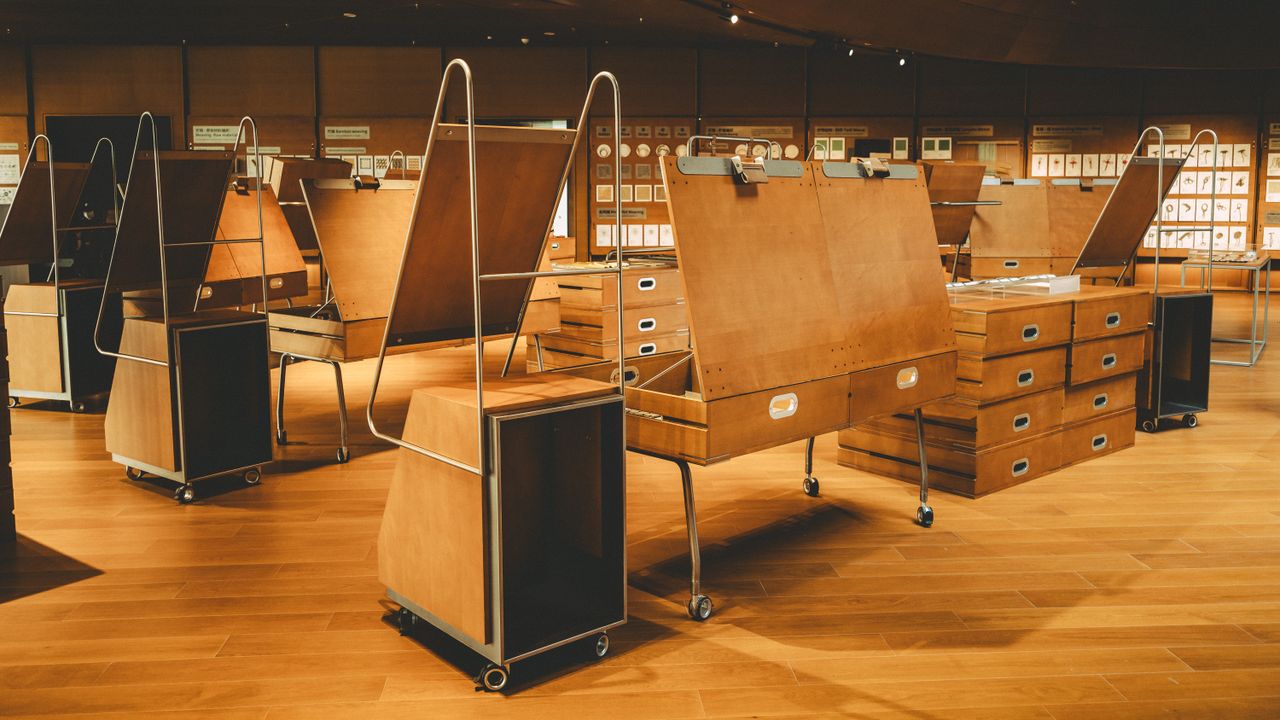 Exhibition display stands at an interior design trade show floor