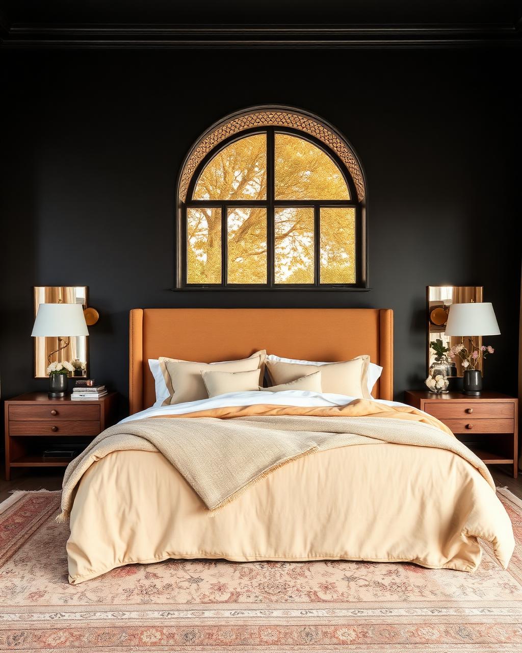 Moody bedroom with charcoal walls, mustard upholstered headboard and an arched window