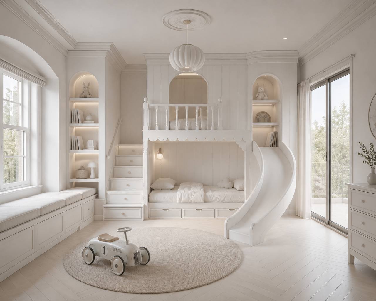 All-white gender-neutral kids' room with a built-in loft bed and slide, arched niche shelves, a window reading bench, and a round jute rug