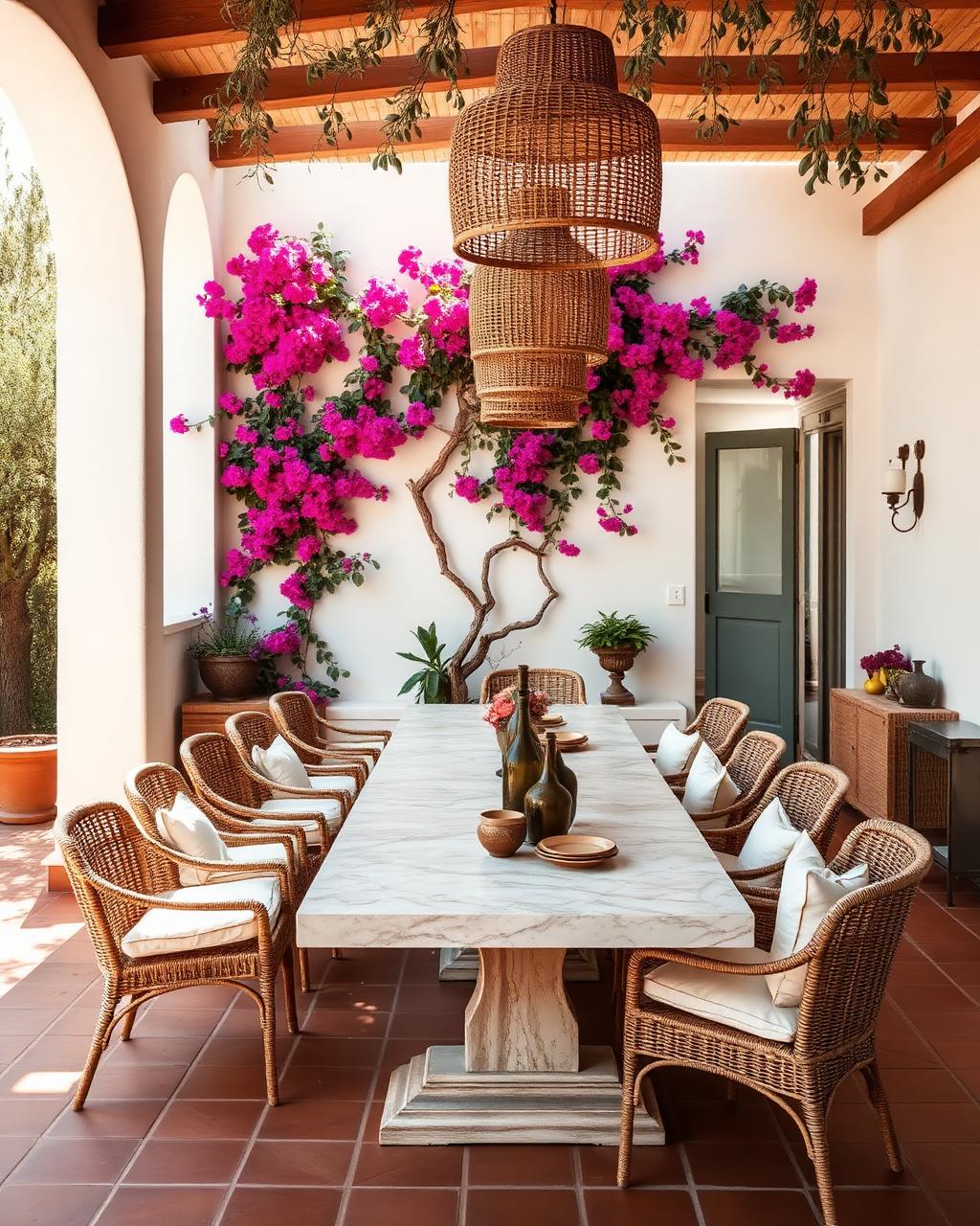 Forest green dining room with terracotta chairs and brass chandelier