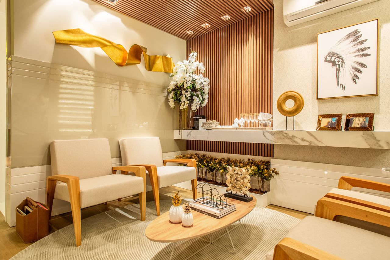 Warm contemporary living room with a wood-slatted feature wall, layered textures and soft daylight